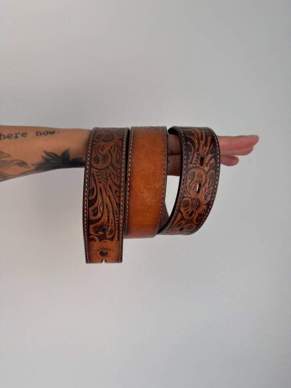 Western Tooled Leather Belt Strap Floral Brown Cowgirl Boho Snap No Buckle 30-34